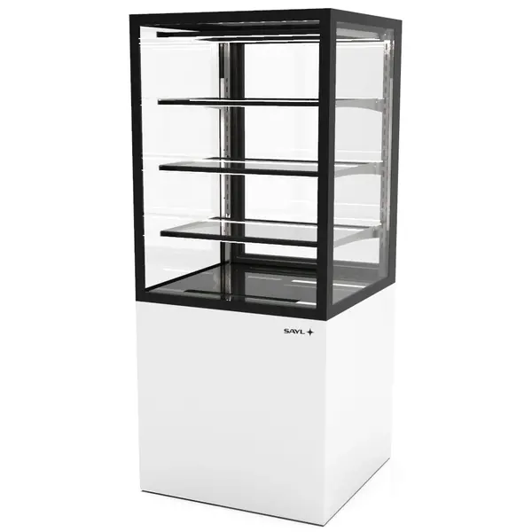 Neutrale Vitrine | INTEGRA | Wit/Zwart | 4 Niveaus | Wielen (Geremd) | 600x600x1400(h)mm