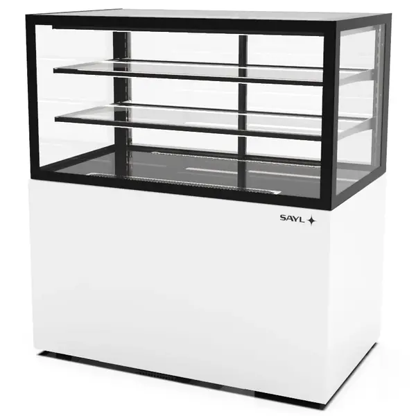 Neutrale Vitrine | INTEGRA | Wit/Zwart | 3 Niveaus | Wielen (Geremd) | 1000x600x1100(h)mm