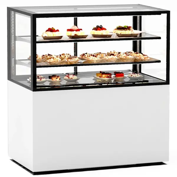 Neutrale Vitrine | INTEGRA | Wit/Zwart | 3 Niveaus | Wielen (Geremd) | 1000x600x1100(h)mm