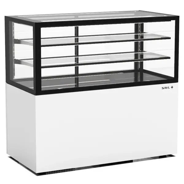 Neutrale Vitrine | INTEGRA | Wit/Zwart | 3 Niveaus | Wielen (Geremd) | 1200x600x1100(h)mm