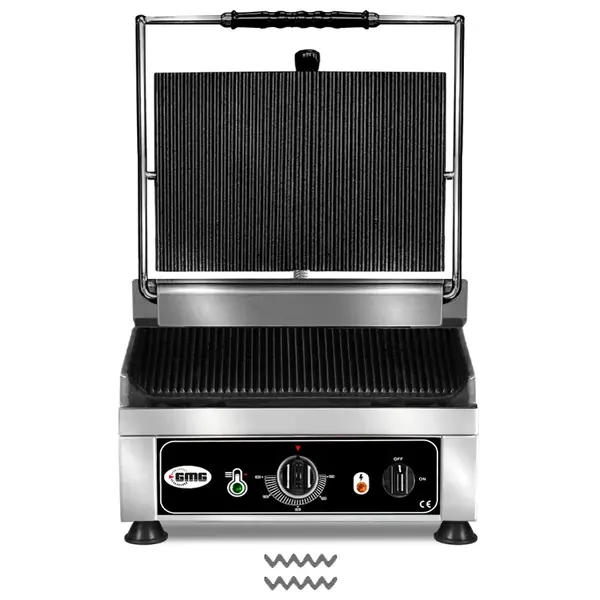 Contact-/Paninigrill | Enkel | Gegroefd Oppervlak 250x250 (Gietijzer) | 50°C/300°C | 1.75kW (230V) | 290x440x300(h)mm