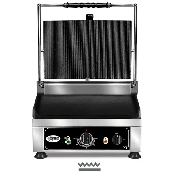 Contact-/Paninigrill | Enkel | Glad/Gegroefd Oppervlak 360x270 (Gietijzer) | 50°C/300°C | 2.5kW (230V) | 410x500x300(h)mm