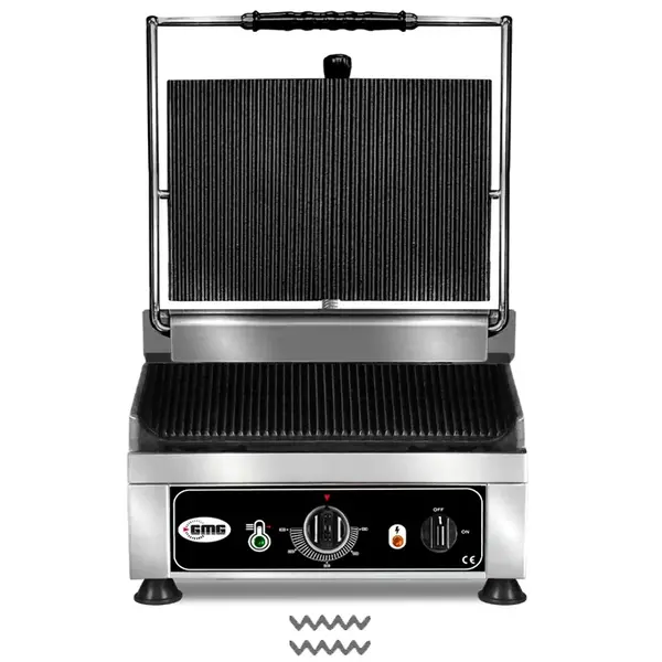 Contact-/Paninigrill | Enkel | Gegroefd Oppervlak 360x270 (Gietijzer) | 50°C/300°C | 2.5kW (230V) | 410x500x300(h)mm