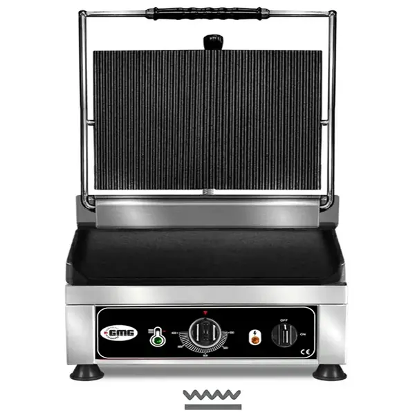 Contact-/Paninigrill | Enkel XL | Glad/Gegroefd Oppervlak 450x270 (Gietijzer) | 50°C/300°C | 3kW (230V) | 510x500x300(h)mm