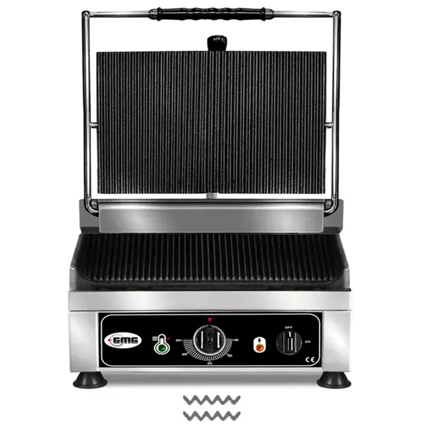 Contact-/Paninigrill | Enkel XL | Gegroefd Oppervlak 450x270 (Gietijzer) | 50°C/300°C | 3kW (230V) | 510x500x300(h)mm