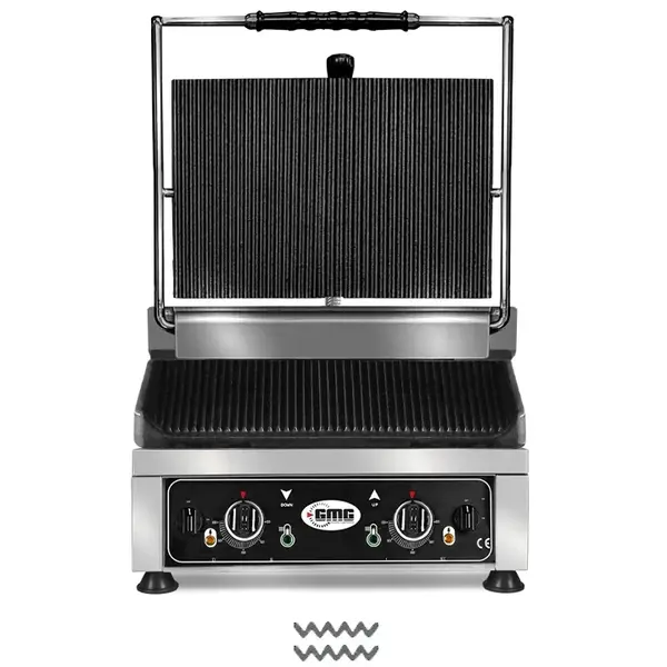 Contact-/Paninigrill | Enkel XL | Gegroefd Oppervlak 450x270 (Gietijzer) | 50°C/300°C | 3kW (230V) | 510x500x300(h)mm