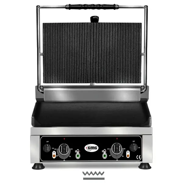 Contact-/Paninigrill | Enkel XL | Glad/Gegroefd Oppervlak 450x270 (Gietijzer) | 50°C/300°C | 3kW (230V) | 510x500x300(h)mm