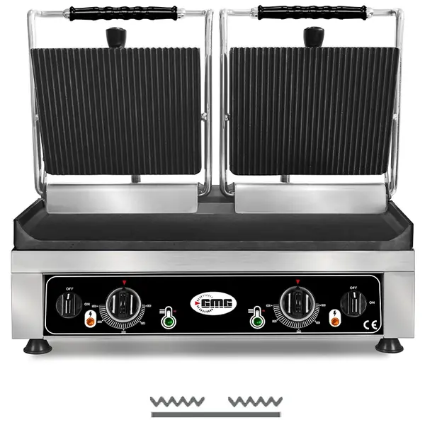 Contact-/Paninigrill | Dubbel | Glad/Gegroefd Oppervlak 520x240 (Gietijzer) | 50°C/300°C | 3.5kW (230V) | 560x440x300(h)mm