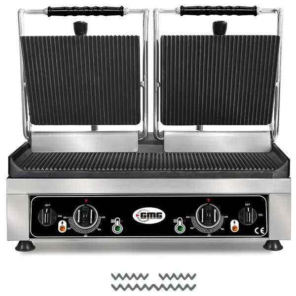 Contact-/Paninigrill | Dubbel | Gegroefd Oppervlak 520x240 (Gietijzer) | 50°C/300°C | 3.5kW (230V) | 560x440x300(h)mm