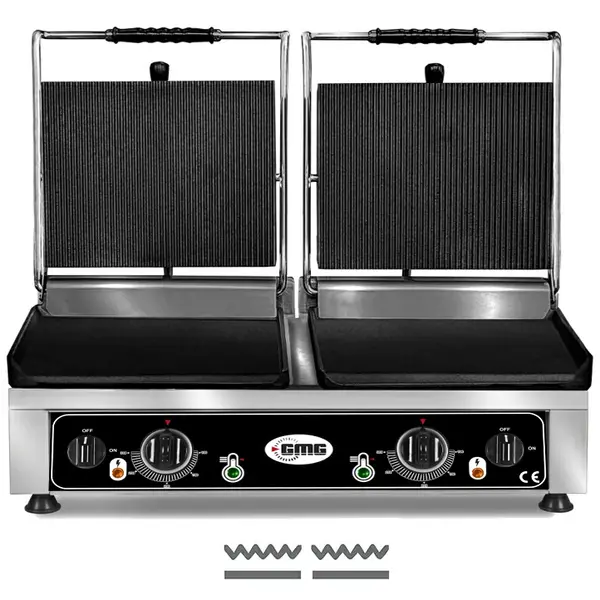 Contact-/Paninigrill | Dubbel | Glad/Gegroefd Oppervlak 720x270 (Gietijzer) | 50°C/300°C | 5kW (230V) | 820x500x300(h)mm