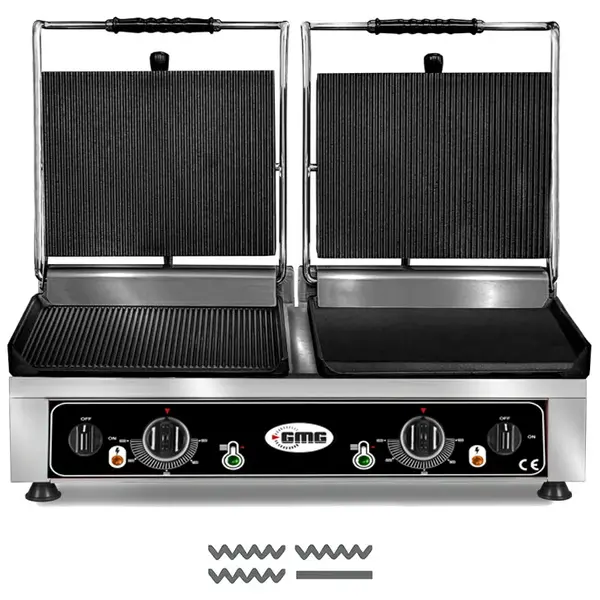 Contact-/Paninigrill | Dubbel | Glad/Gegroefd Oppervlak 720x270 (Gietijzer) | 50°C/300°C | 5kW (230V) | 820x500x300(h)mm