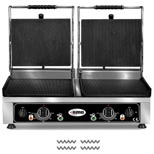 Contact-/Paninigrill | Dubbel | Gegroefd Oppervlak 720x270 (Gietijzer) | 50°C/300°C | 5kW (230V) | 820x500x300(h)mm