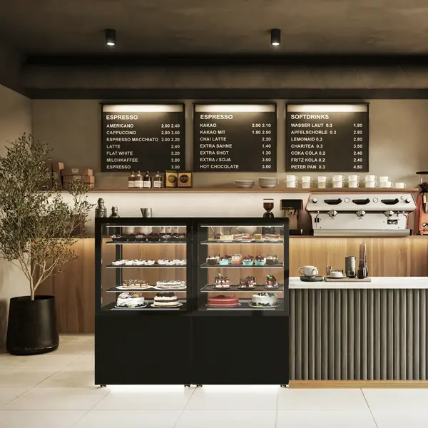 Neutrale Vitrine | INTEGRA | Zwart | 4 Niveaus | Wielen (Geremd) | 600x600x1400(h)mm