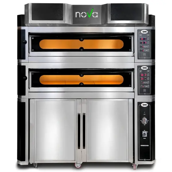 Pizzaoven | NOVA | Elektrisch | 6+6x Ø35cm | 50°C/400°C | 16kW (400V) | Stapelbaar | Incl. Afzuigkap/Onderstel (Wielen) | 1490x1100x1940(h)mm