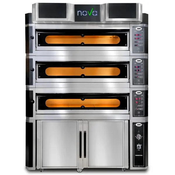 Pizzaoven | NOVA | Elektrisch | 6+6+6x Ø35cm | 50°C/400°C | 24kW (400V | Incl. Afzuigkap/Onderstel (Wielen) | 1490x1100x2120(h)mm