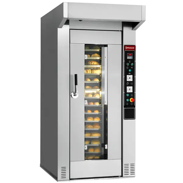 Roterende Bakkerij Oven | ROTOR LINE | 15/18 Niveaus (500x700) | Elektrisch | 50°C/300°C | 28kW (400V) | Bevochtiging (Automatisch) | Incl. Afzuiging | 1120x1930x2240(h)mm