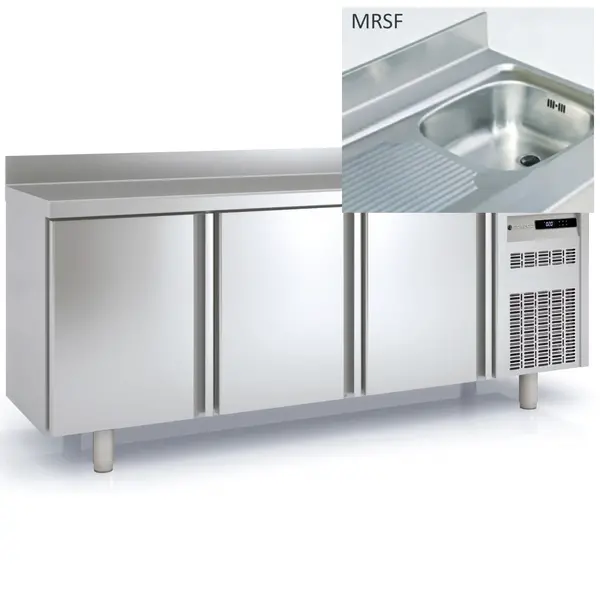 Koelwerkbank | 600 RANGE | 380L | 3 Deuren | -2°C/+8°C | Statisch + Ventilator | Temperatuuralarm | Achteropstand | Spoelbak | 2020x600x850/950(h)mm