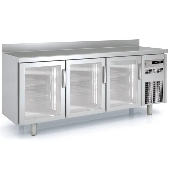 Koelwerkbank | 600 RANGE | 380L | 3 Glasdeuren | -2°C/+8°C | Statisch + Ventilator | Temperatuuralarm | Achteropstand | 2020x600x850/950(h)mm