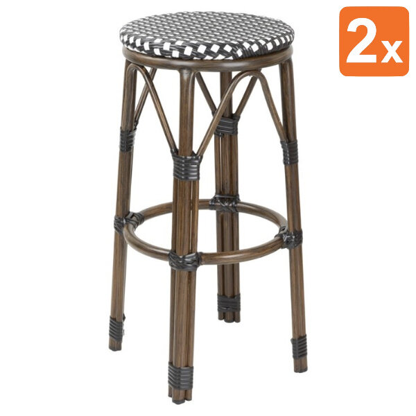 Barkrukken | Rotan/Aluminium | Zwart | Houtlook Frame | In-/Outdoor | Stapelbaar | 2 Stuks | Ø360x755(h)mm