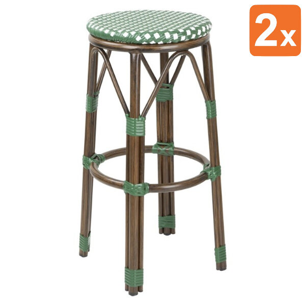 Barkrukken | Rotan/Aluminium | Groen | Houtlook Frame | In-/Outdoor | Stapelbaar | 2 Stuks | Ø360x755(h)mm