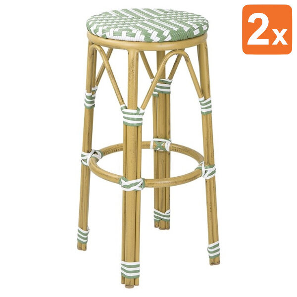 Barkrukken | Rotan/Aluminium | Lichtgroen | Houtlook Frame | In-/Outdoor | Stapelbaar | 2 Stuks | Ø360x755(h)mm