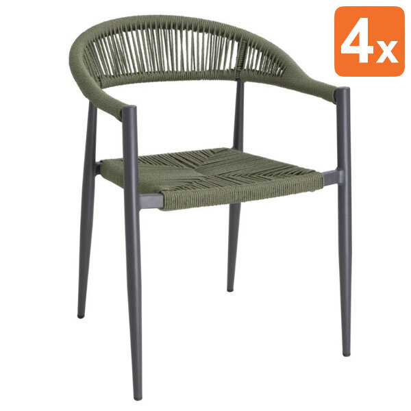 Stoelen | EDEN | Rotan/Aluminium | Groen | Donkergrijs Frame | In-/Outdoor | Stapelbaar | 4 Stuks | 595x572x768(h)mm