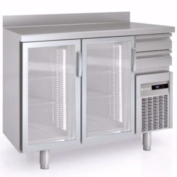 Koelwerkbank | 600 RANGE | 325L | 2 Glasdeuren + 2 Laden | -2°C/+8°C | Geforceerd | Temperatuuralarm | Achteropstand | 1495x600x1040/1140(h)mm