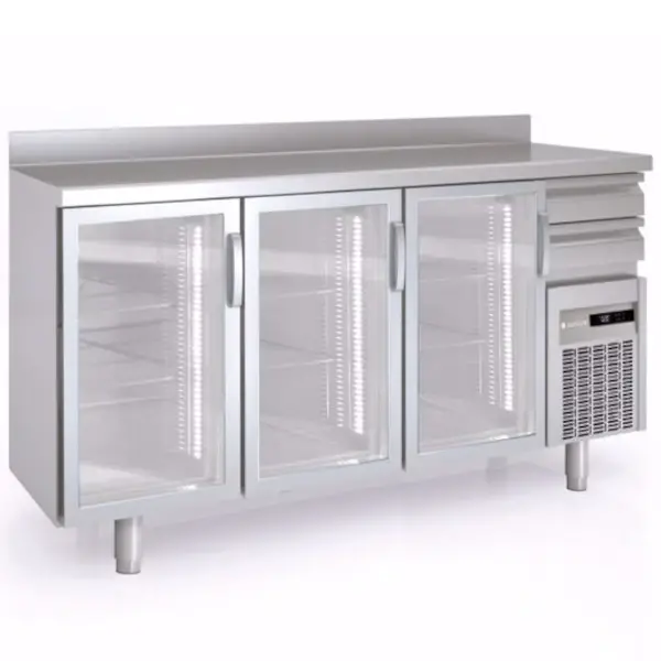 Koelwerkbank | 600 RANGE | 504L | 3 Glasdeuren + 2 Laden | -2°C/+8°C | Statisch + Ventilator | Temperatuuralarm | Achteropstand | 2020x600x1040/1140(h)mm
