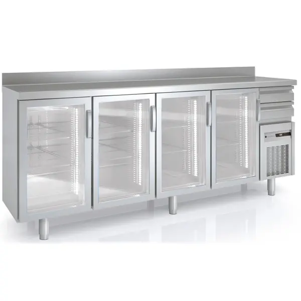 Koelwerkbank | 600 RANGE | 684L | 4 Glasdeuren + 2 Laden | -2°C/+8°C | Statisch + Ventilator | Temperatuuralarm | Achteropstand | 2545x600x1040/1140(h)mm