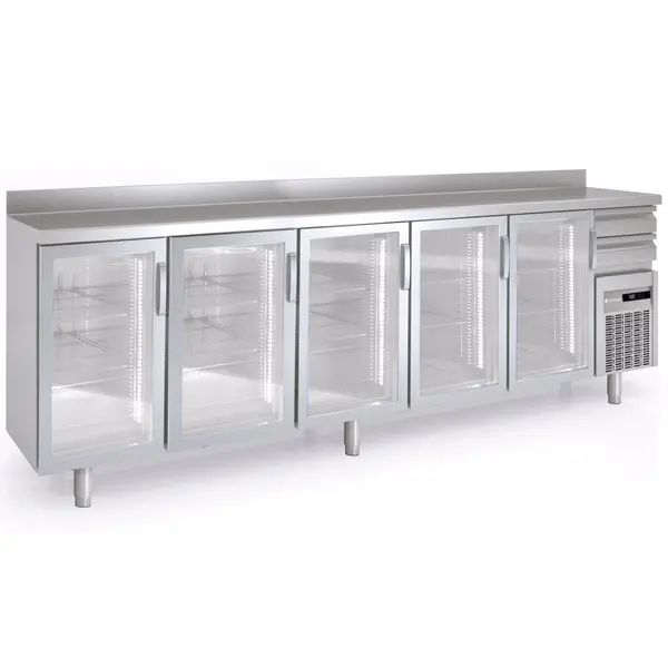 Koelwerkbank | 600 RANGE | 863L | 5 Glasdeuren + 2 Laden | -2°C/+8°C | Geforceerd | Temperatuuralarm | Achteropstand | 3070x600x1040/1140(h)mm