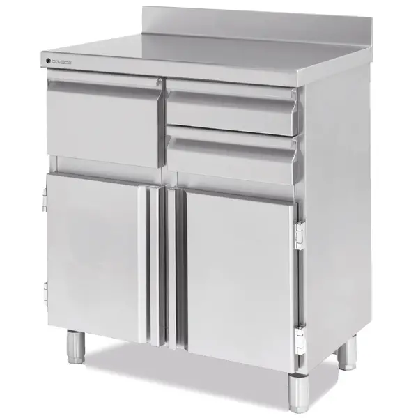 Koffiewerkbank | 600 RANGE | RVS | Draaideuren + Afkloplade + 2 Laden | Achteropstand | 915x600x1040/1140(h)mm