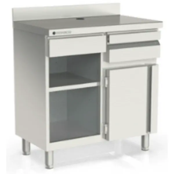 Koffiewerkbank | 600 RANGE | RVS | Draaideur + Afkloplade + Lade | Tussenschap | Achteropstand | 990x600x1040/1140(h)mm
