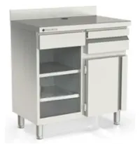Coreco Koffiewerkbank | 600 RANGE | RVS | Draaideur + Afkloplade + Lade | Dubbel Tussenschap | Achteropstand | 990x600x1040/1140(h)mm