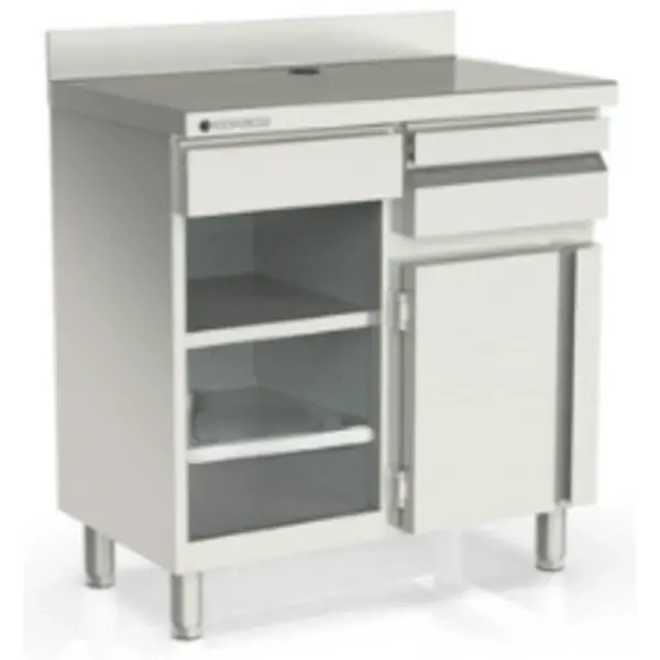 Koffiewerkbank | 600 RANGE | RVS | Draaideur + Afkloplade + Lade | Dubbel Tussenschap | Achteropstand | 990x600x1040/1140(h)mm
