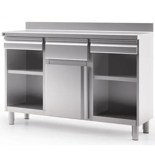 Koffiewerkbank | 600 RANGE | RVS | Draaideur + Afkloplade +2 Laden | 2 Tussenschappen | Achteropstand | 1495x600x1040/1140(h)mm