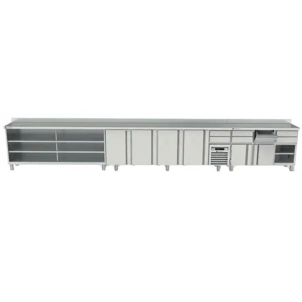 Koffiewerkbank | 600 RANGE | RVS | Draaideur + Afkloplade +2 Laden | 2 Dubbele Tussenschappen | Achteropstand | 1495x600x1040/1140(h)mm