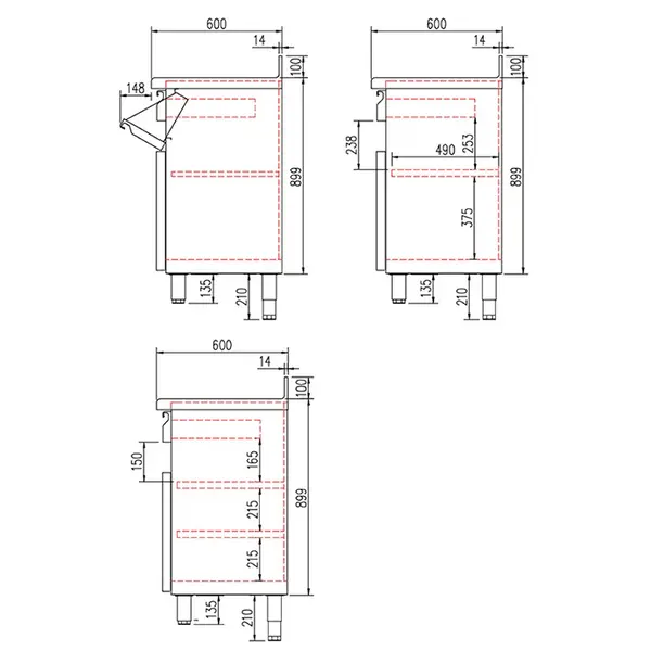 Koffiewerkbank | 600 RANGE | RVS | Draaideur + Afkloplade +2 Laden | 2 Dubbele Tussenschappen | Achteropstand | 1495x600x1040/1140(h)mm