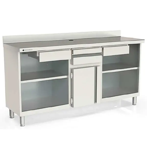 Koffiewerkbank | 600 RANGE | RVS | Draaideur + Afkloplade +2 Laden | 2 Tussenschappen | Achteropstand | 2020x600x1040/1140(h)mm