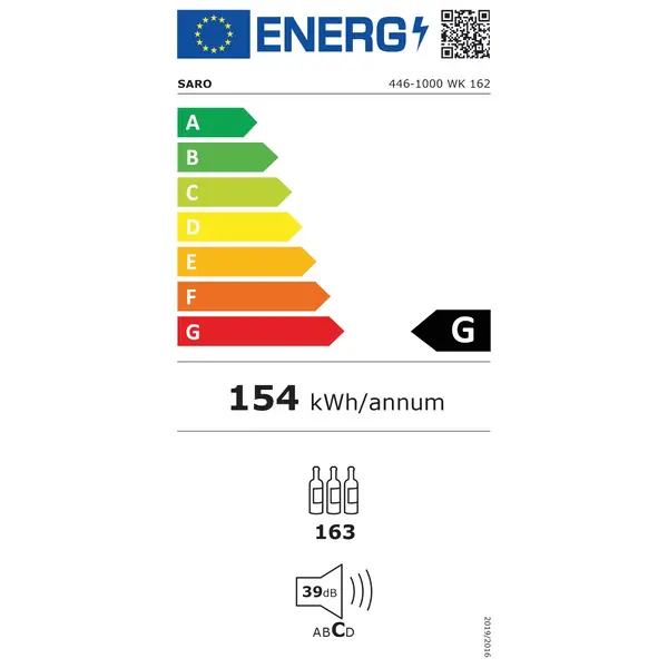 Wijnkoelkast | 388L (163x 75cl) | Zwart | 1 Zone | +5°C/+20°C | Geforceerd | 595x710x1720(h)mm