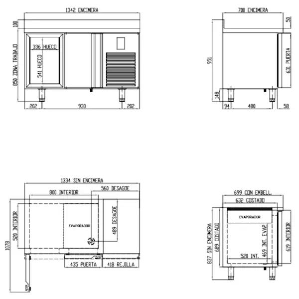 Koelwerkbank | 700 RANGE | Energiezuinig | 255L | 2 Deuren (1/1 GN) | -2°C/+8°C | Geforceerd | Temperatuuralarm | Achteropstand | 1345x700x850/950(h)mm