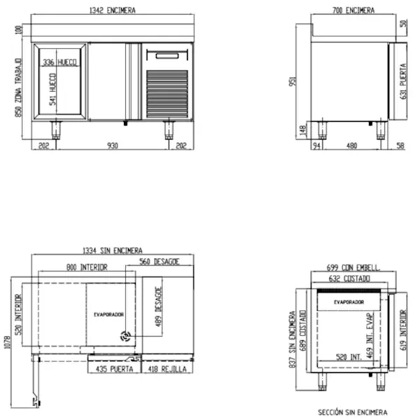 Koelwerkbank | 700 RANGE | 255L | 2 Deuren (1/1 GN) | -2°C/+8°C | Geforceerd | Temperatuuralarm | Achteropstand | 1345x700x850/950(h)mm