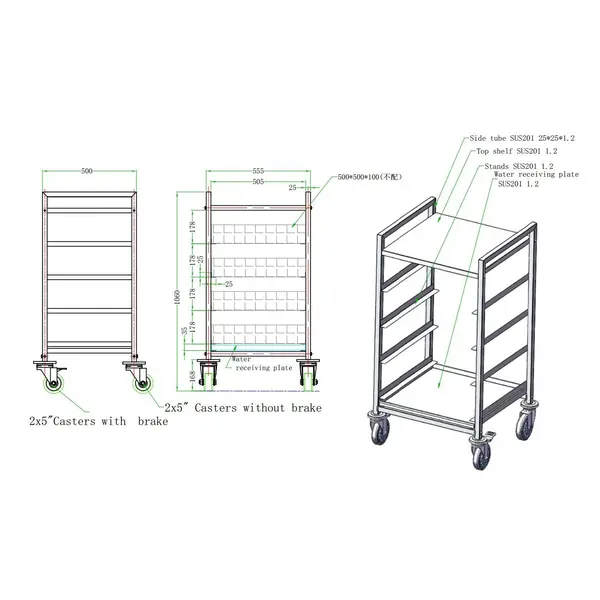 Vaatwaskorvenwagen | RVS | 4 Niveaus (500x500) + Bovenblad | Wielen (Geremd) | 555x500x1060(h)mm