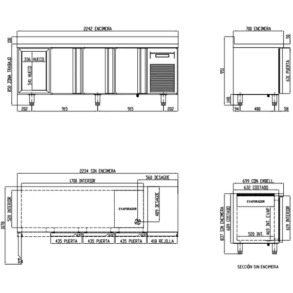Koelwerkbank | 700 RANGE | 543L | 4 Deuren (1/1 GN) | -2°C/+8°C | Geforceerd | Temperatuuralarm | Achteropstand | 2245x700x850/950(h)mm