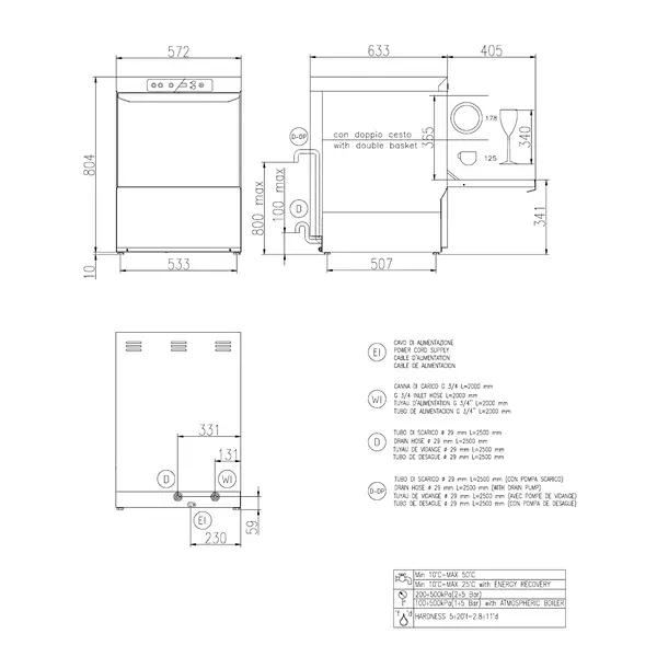 Horeca Vaatwasser | STANDARD LINE | Mand 500x500 | Afvoerpomp | Zeeppomp | Naglanspomp | 230V | 572x630x814(h)mm