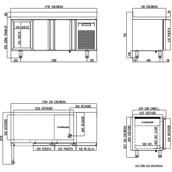 Vrieswerkbank | 700 RANGE | 399L | 3 Deuren (1/1 GN) | -15°C/-20°C | Geforceerd | Temperatuuralarm | Achteropstand | 1795x700x850/950(h)mm