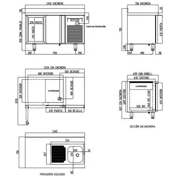 Koelwerkbank | 700 RANGE | 255L | 2 Deuren (1/1 GN) | -2°C/+8°C | Geforceerd | Temperatuuralarm | Achteropstand | Spoelbak | 1345x700x850/950(h)mm