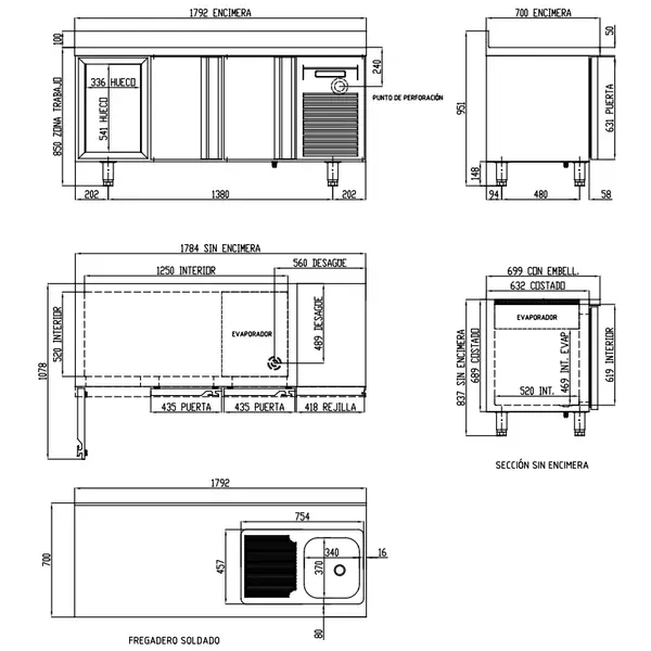 Koelwerkbank | 700 RANGE | 399L | 3 Deuren (1/1 GN) | -2°C/+8°C | Geforceerd | Temperatuuralarm | Achteropstand | Spoelbak | 1795x700x850/950(h)mm