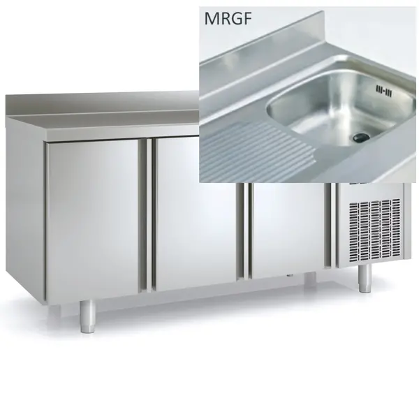 Koelwerkbank | 700 RANGE | 399L | 3 Deuren (1/1 GN) | -2°C/+8°C | Statisch + Ventilator | Temperatuuralarm | Achteropstand | Spoelbak | 1795x700x850/950(h)mm
