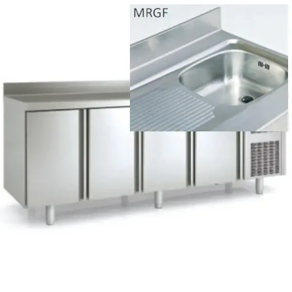 Koelwerkbank | 700 RANGE | 543L | 4 Deuren (1/1 GN) | -2°C/+8°C | Statisch + Ventilator | Temperatuuralarm | Achteropstand | Spoelbak | 2245x700x850/950(h)mm