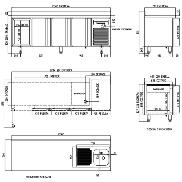 Koelwerkbank | 700 RANGE | 543L | 4 Deuren (1/1 GN) | -2°C/+8°C | Geforceerd | Temperatuuralarm | Achteropstand | Spoelbak | 2245x700x850/950(h)mm